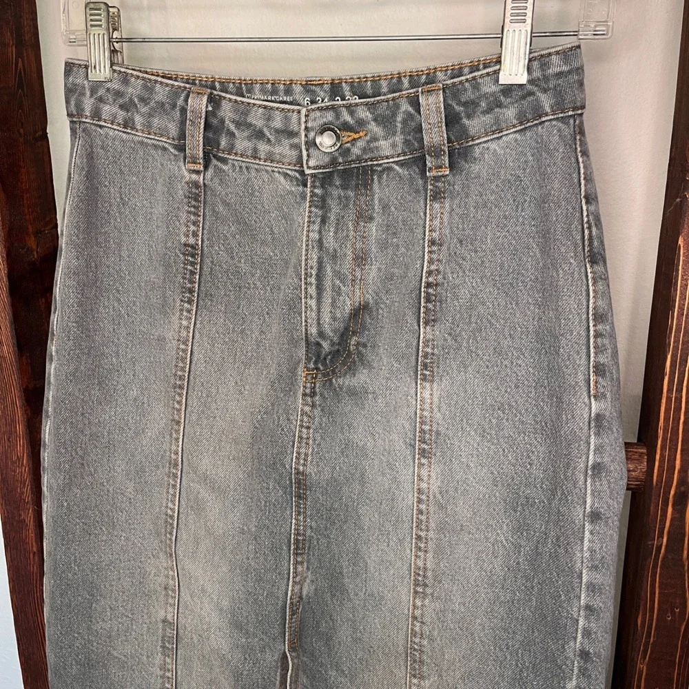 Primark Grey Denim Maxi Skirt High Waisted Front Slit Size 2 US Western Boho